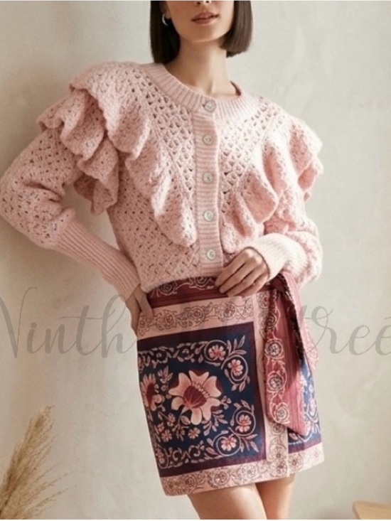 FARM Rio Sweaters - Farm Rio Pink Flower Texture Crochet Knit Ruffle Cardigan Sweater NWT Small